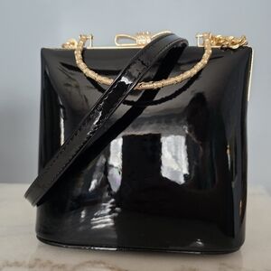 Black Patent Evening Purse with Gold Bow Clasp and Chain Strap